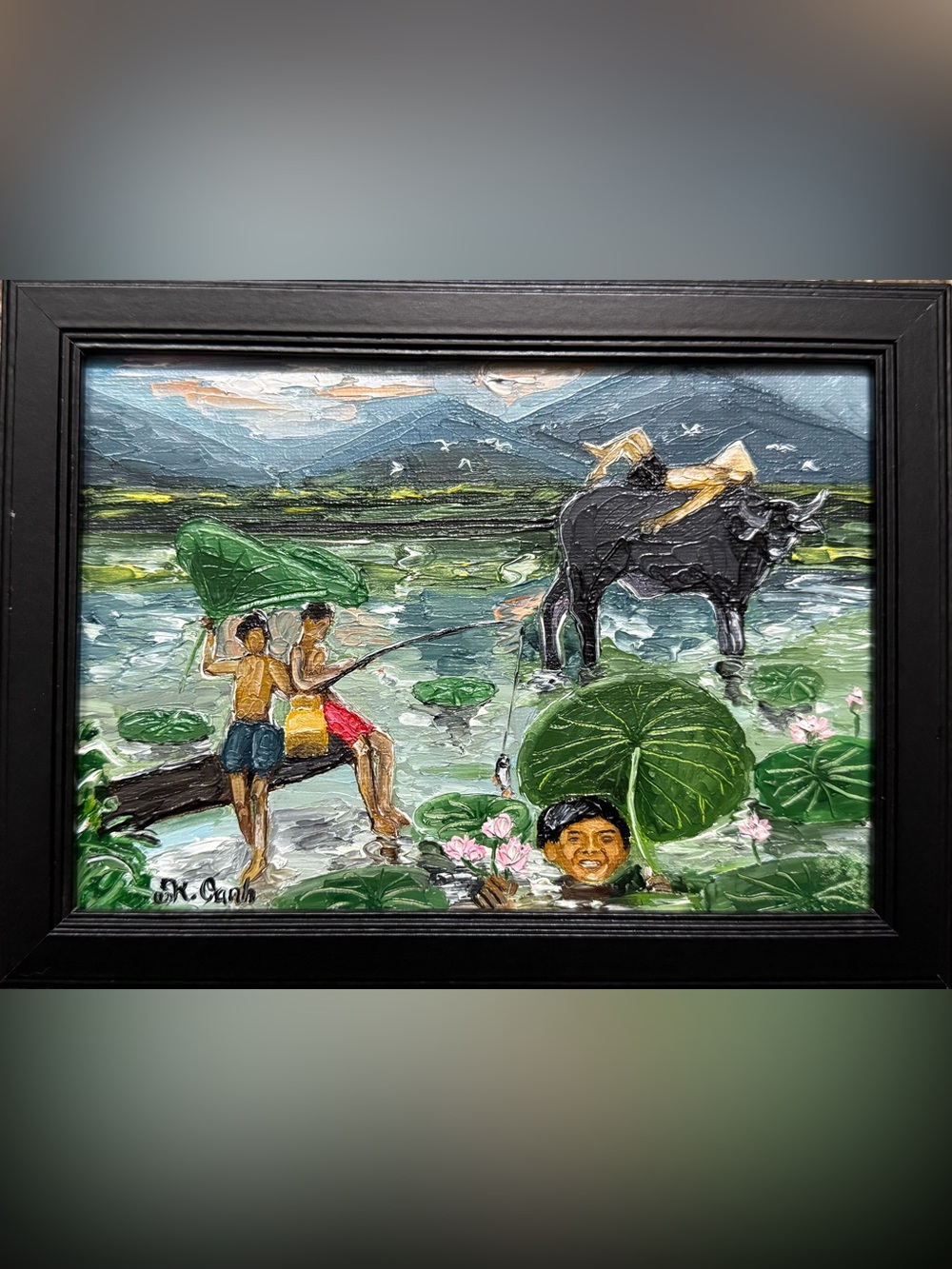 Original oil painting Vietnamese rural kids landscape signed framed 5x7 inches